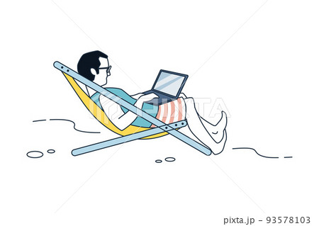 Work with laptop. Man with laptop lying on deck chair, working on vacation, freelance male character in comfortable conditions. Vector self employed guy isolated illustration Work with laptop. Man with laptop lying on deck chair, working on vacation, freelance male character in comfortable conditions. Vector self employed guy isolated illustration 93578103