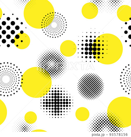 Circle geometry round patterns, random texture. Modern flat assorted design for fabric, irregular split, various forms, halftone shapes. Black and yellow vector seamless background 93578156