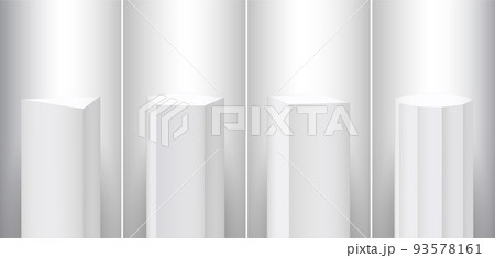 White podium stand, 3d pedestal with spotlight, product platform with studio light. Square base for presentation background, pillar box stage, column block different shapes. Vector elements White podium stand, 3d pedestal with spotlight, product platform with studio light. Square base for presentation background, pillar box stage, column block different shapes. Vector elements 93578161