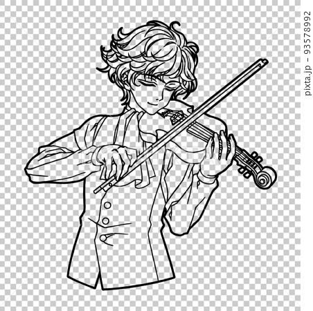 ヴァイオリンを弾く男性のアニメ風の塗り絵イラスト 背景無し のイラスト素材