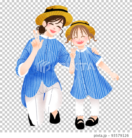 A parent and child who did a link coordination with a blue striped shirt and a straw hat 93579126