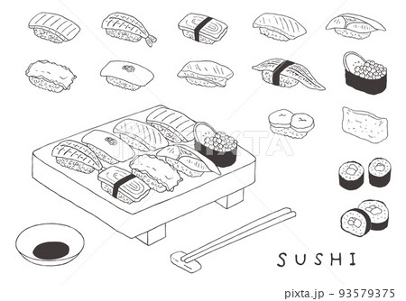 手描きのお寿司イラストセット 寿司下駄あり（モノクロ） 93579375