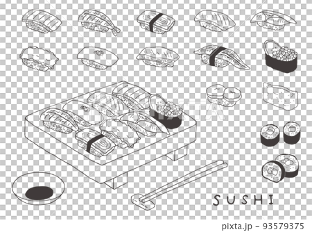 手描きのお寿司イラストセット 寿司下駄あり（モノクロ） 93579375