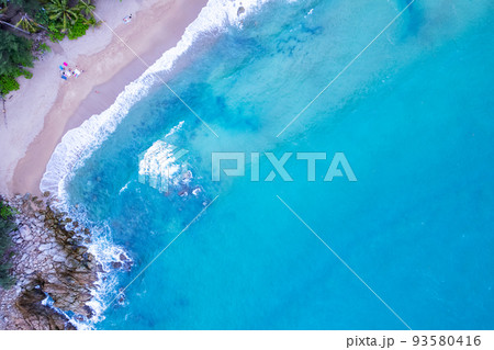 Top view aerial photo from flying drone of amazing beautiful sea beach landscape with turquoise water, Copy space for your advertising text message or promotional content,Travel and tour background 93580416