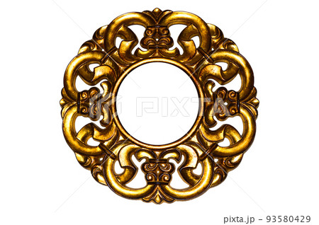 Round wooden and gold gilded ornamental frame isolated on white 93580429