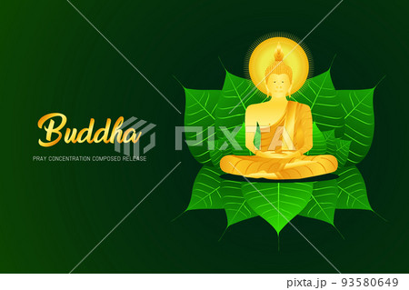 monk phra buddha pray sit concentration composed release on pho leaf religion culture faith vector illustration eps10 93580649