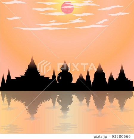 loy krathong festival temple silhouette buddha culture moon asia thailand night river siam sky religion vector illustration 93580666