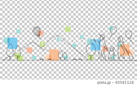 旅行をするファミリーと田舎の風景の線画イラスト 93581128