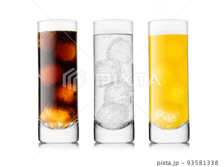 Cola orange and lemonade soda drink with ice cubes in highball glass Cola orange and lemonade soda drink with ice cubes in highball glass 93581338