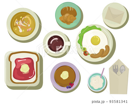 目玉焼き・スープ・パン・コーヒー・ジュース・ウィンナーの朝食イラストセット 93581341