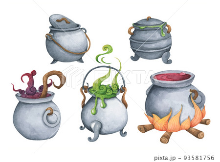 Set of Witch Cauldron, Steel black cauldron with boiling magic potion. Watercolor illustration for Halloween. 93581756