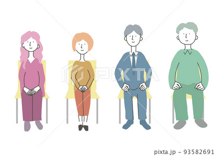 正面を向いて座る男性と女性のグループ イラストのイラスト素材