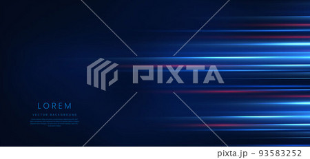 Abstract technology futuristic glowing blue and red  light lines with speed motion blur effect on dark blue background. 93583252