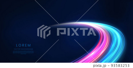 Abstract technology futuristic glowing blue and red  light curved lines with speed motion blur effect on dark blue background. 93583253