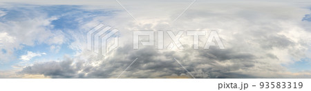 Bright sunset sky panorama with Cirrus clouds. Hdr seamless spherical equirectangular 360 panorama. Sky dome or zenith for 3D visualization, game and sky replacement for aerial drone 360 panoramas. 93583319