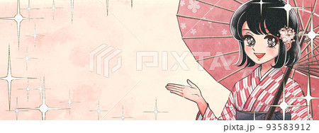 レトロ少女漫画風・和傘を持って矢絣の着物を着た日本人 93583912