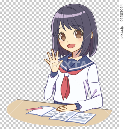 A girl in a sailor suit studying Raise her hand 93585064