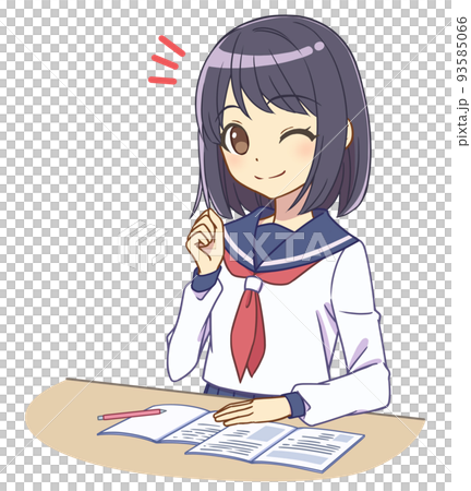 A girl in a sailor suit studying, fist pump 93585066
