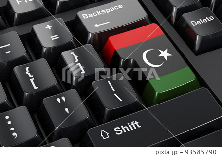 Libyan flag painted on computer keyboard. Online business, education, shopping in Libya concept. 3D rendering Libyan flag painted on computer keyboard. Online business, education, shopping in Libya concept. 3D rendering 93585790