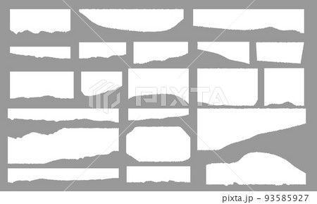 Torn paper strips isolated on gray background. Realistic torn paper with torn edges. Sticky notes, scraps of notebook pages. Vector illustration 93585927