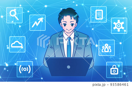 ホログラムのアイコンと仮想空間のイメージ 　笑顔でパソコンを操作するスーツを着た男性　 93586461