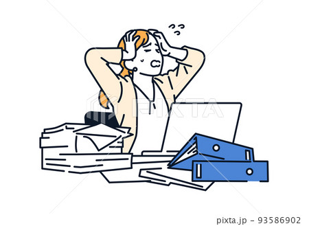 残業で頭を抱えるスーツの女性のベクターイラスト素材 93586902