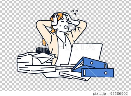 一個穿著西裝的女人在加班時抱著頭的矢量圖解 93586902