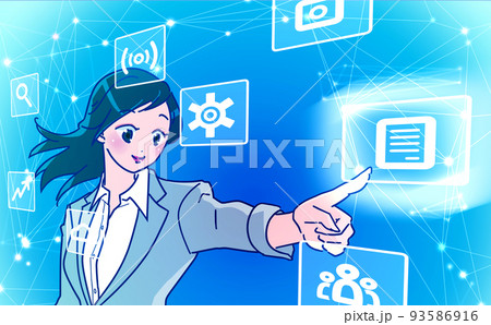 仮想空間でアイコンを操作しながらデータを集中管理するプロジェクトマネージャー　スーツを着た女性	 93586916