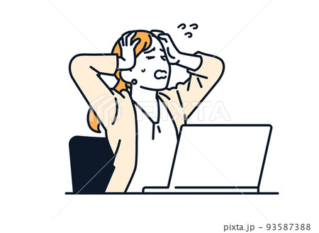 PCの前で頭を抱えるスーツの女性のベクターイラスト素材 PCの前で頭を抱えるスーツの女性のベクターイラスト素材 93587388