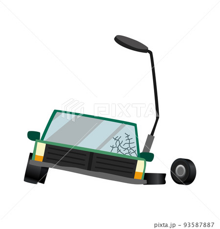 Accident on road car damaged. Road insurance case accident. Car crash symbol icon. Damaged vehicle insurance. Auto crashed into a lantern. Not recoverable. Advertising an insurance company 93587887