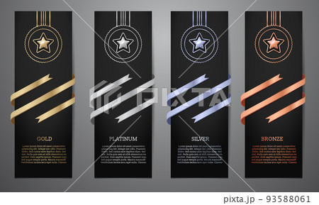 Metalic star and ribbon on black card, Gold, Platinum, Silver, Bronze, Vector illustration. 93588061