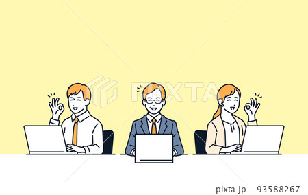 ノートパソコンの前で喜ぶビジネスパーソンのベクターイラスト素材 93588267