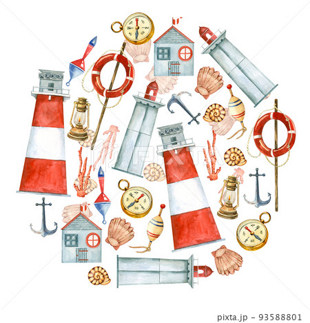 Round composition of watercolor elements - a lighthouse, colored flags, a lifebuoy, a seagull and shells hand-painted in watercolor on a white background. For invitations, postcards, scrapbooking 93588801