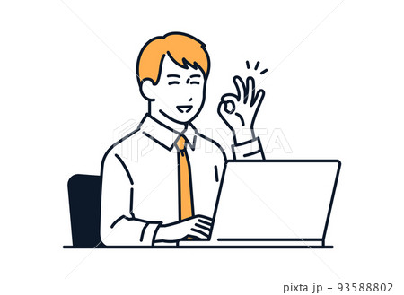 ノートパソコンの前でOKサインをするビジネスマンのベクターイラスト素材 93588802