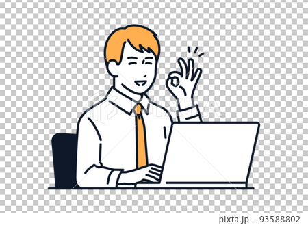 ノートパソコンの前でOKサインをするビジネスマンのベクターイラスト素材 93588802