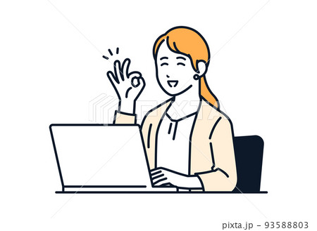 ノートパソコンの前でOKサインをするスーツの女性のベクターイラスト素材 93588803