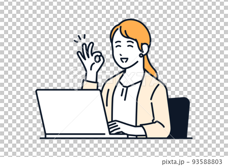 ノートパソコンの前でOKサインをするスーツの女性のベクターイラスト素材 93588803