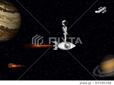 Man's flight to unknown stars. Rocket. astronaut, saturn, jupiter, asteroid, space telescope. Man's flight to unknown stars. Rocket. astronaut, saturn, jupiter, asteroid, space telescope. 93590288