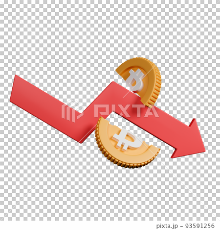 3d rendering cryptocurrency price collapse crisis. Downward arrow crash broken bitcoin. 93591256