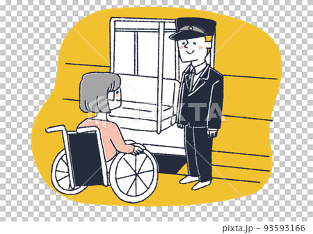 A woman riding a train in a wheelchair and a station staff member helping create a society and people around her who are considerate of people with disabilities 93593166