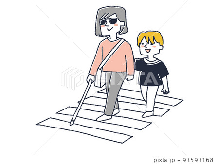 視覚障害者の女性の道路の横断を助ける男の子　障害者を思いやる周りの人々や社会づくり 93593168