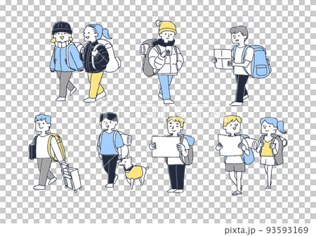 Backpackers traveling freely in various regions with minimal luggageComical hand-drawn characters 93593169