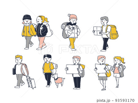 さまざまな地域を最小限の荷物で自由に旅をするバックパッカー達　コミカルな手書きの人物 93593170