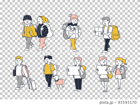 さまざまな地域を最小限の荷物で自由に旅をするバックパッカー達　コミカルな手書きの人物 93593170