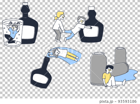 大きなお酒の瓶とその奴隷のアルコール中毒患者　コミカルな手書きの人物　ベクター、温かみのある線画 93593186