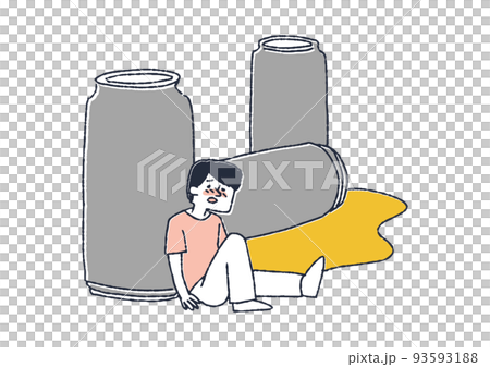ビール缶に寄りかかる男性　大きなお酒の瓶とその奴隷のアルコール中毒患者 93593188