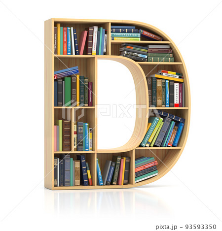 Letter D in form of bookshelf with book and texbooks. Educational and learning conceptual font and alphabet. Letter D in form of bookshelf with book and texbooks. Educational and learning conceptual font and alphabet. 93593350
