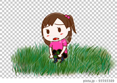 (全身斜め)ボーボーの雑草を不満げな顔でめんどくさそうに刈る少女 (全身斜め)ボーボーの雑草を不満げな顔でめんどくさそうに刈る少女 93593389