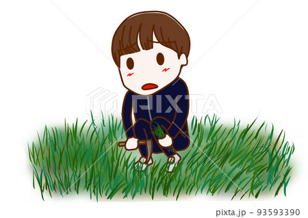 （全身斜め）ボーボーの雑草を不満げな顔でめんどくさそうに刈る男子学生 93593390