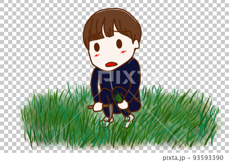 （全身斜め）ボーボーの雑草を不満げな顔でめんどくさそうに刈る男子学生 93593390